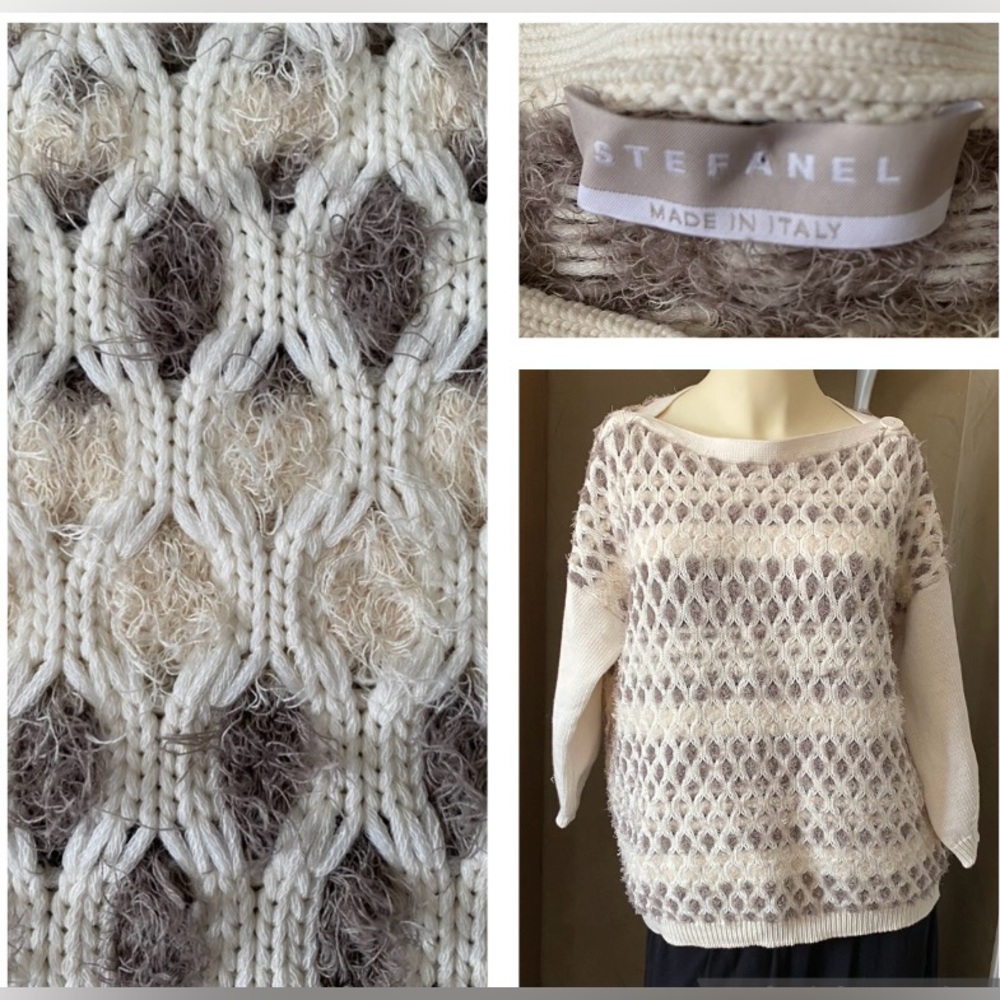 STEFANEL Winter Sweater Women, Light Color cream , white size M Honeycomb design